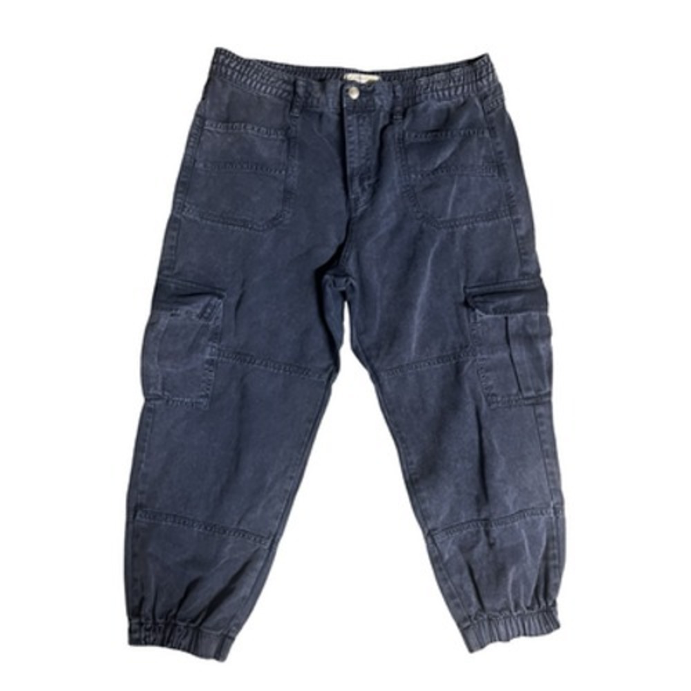 Free People Jeans Womens Large Blue Cargo Denim Jogger High Rise‎ Elastic Cuff